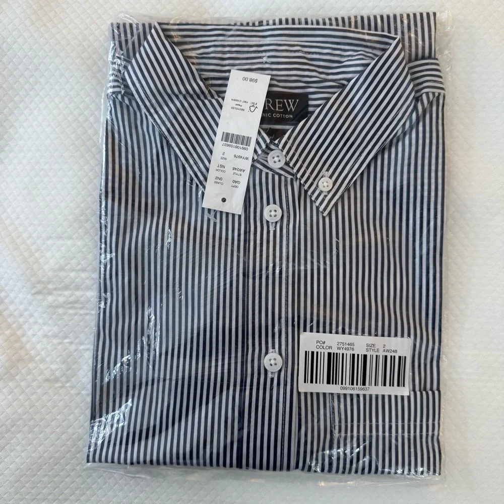 NWT J.Crew Women's Organic Cotton Blue White Stripe Button-Down Shirt Size 2